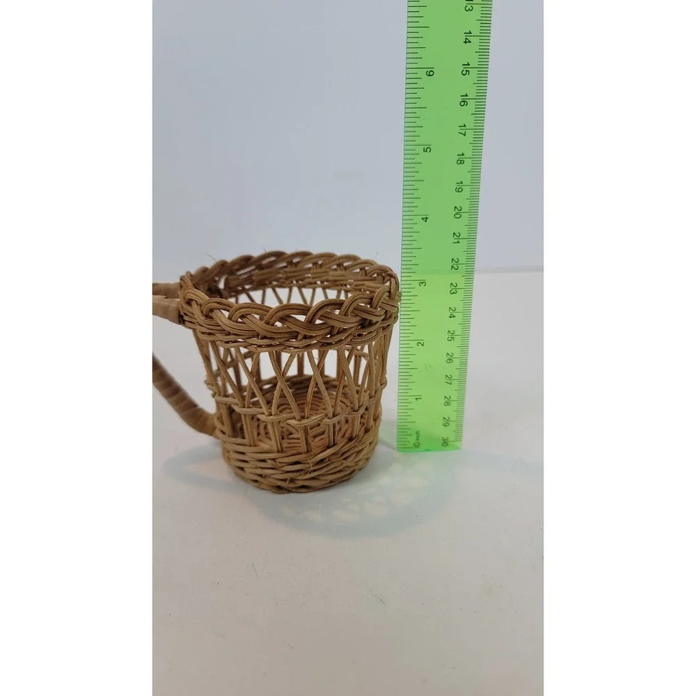 Set‎ Of 4 Vintage Wicker Rattan Cup Glass Holder Round Boho Summer 3.5